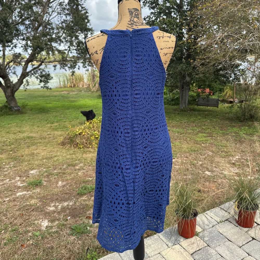 Eliza J Crochet Halter Sleeveless Cocktail Dress Royal Blue Size 8 - Picture 7 of 9